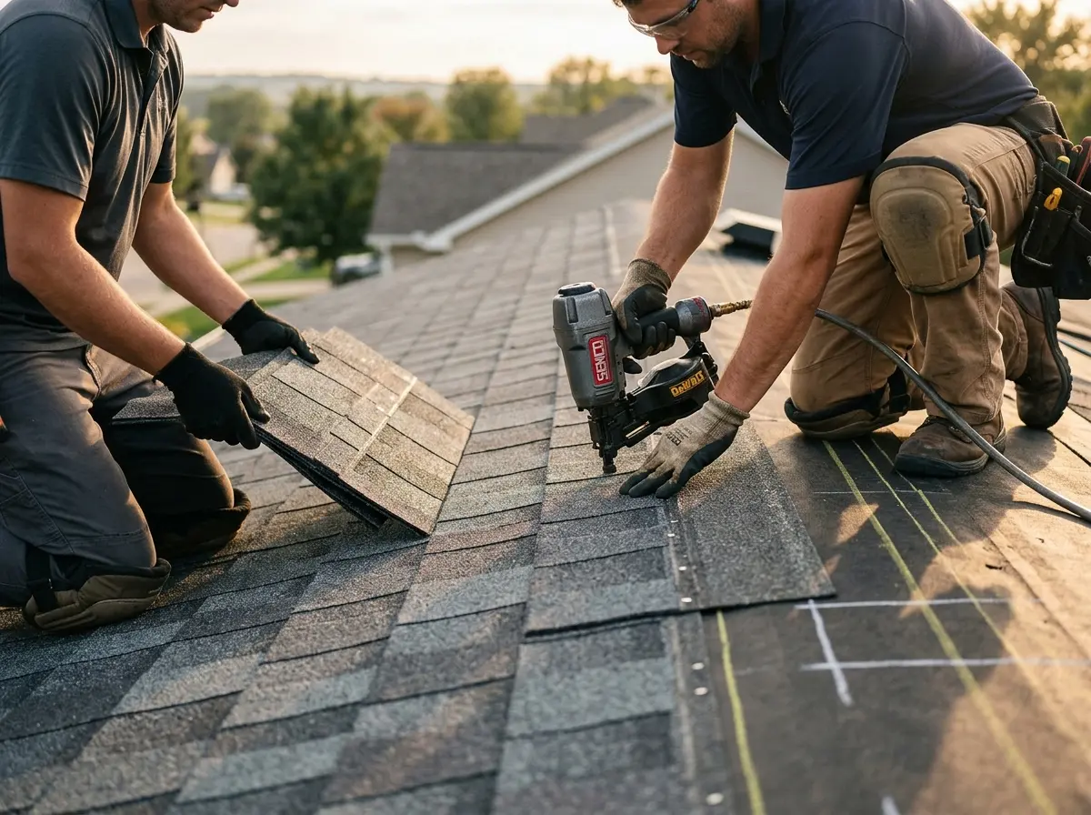 Professional roofer working on a residential roof in Papillion